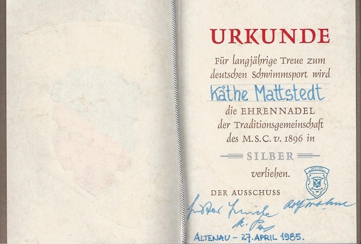 Urkunde f�r langj�hrige Treue zum deutschen Schwimmsport