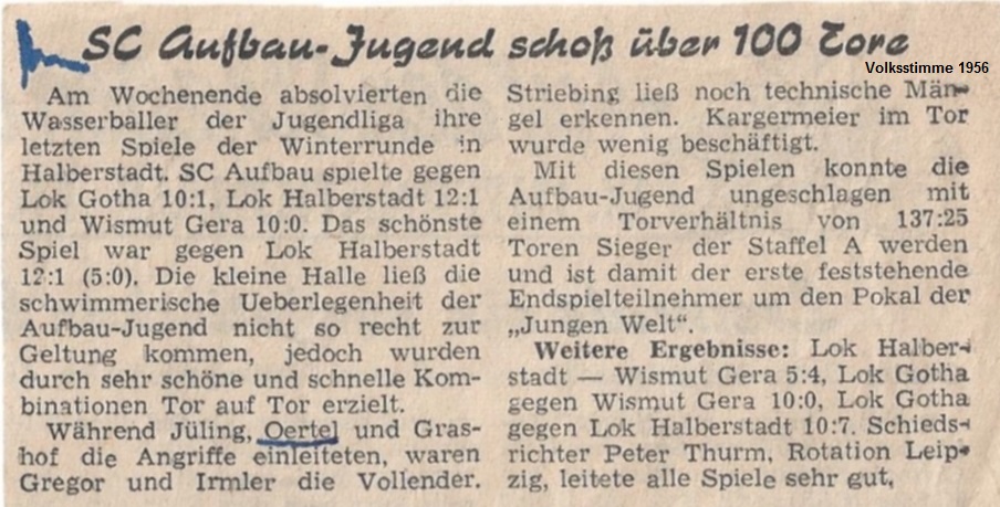 SC Aufbau-Jugend scho� �ber 100 Tore Volksstimme aus dem Jahre 1956