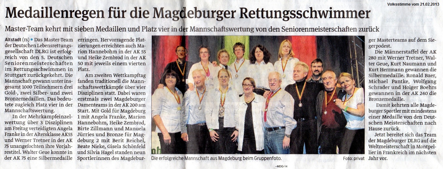 Medaillenregen f�r die Magdeburger Rettungsschwimmen Volksstimme vom 21.02.2013