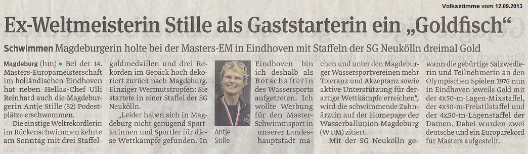Ex-Weltmeisterin Stille als Gaststarterin ein ''Goldfisch'' Volksstimme vom 12.09.2013