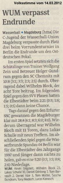 WUM verpasst Endrunde [Jugend C] Volksstimme vom 14.03.2012