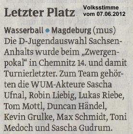 Letzter Platz [Zwergenpokal D] Volksstimme vom 07.06.2012