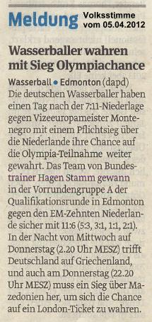 Wasserballer wahren mit Sieg Olympiachance Volksstimme vom 05.04.2012