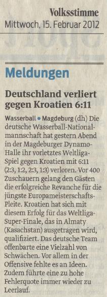 Deutschland verliert gegen Kroatien 6:11 Volksstimme vom 15.02.2012