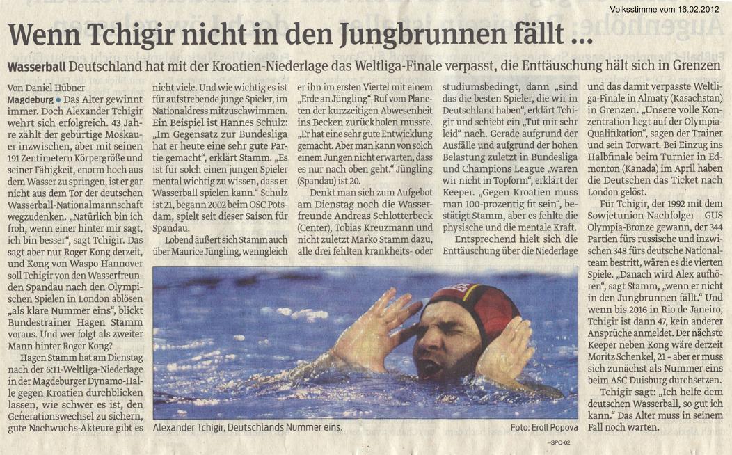 Wenn Tchigir nicht in den Jungbrunnen f�llt ... Volksstimme vom 16.02.2012