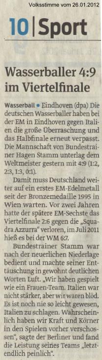 Wasserballer 4:9 im Viertelfinale Volksstimme vom 26.01.2012