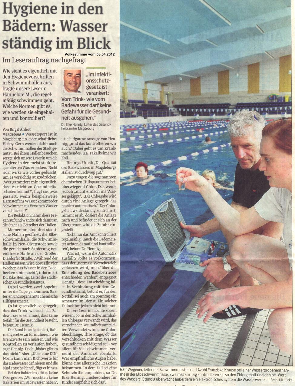 Hygiene in den B�dern: Wasser st�ndig im Blick Volksstimme vom 03.04.2012