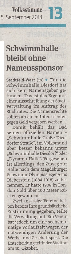 Schwimmhalle bleibt ohne Namenssponsor Volksstimme vom 05.09.2013