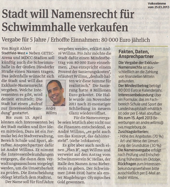 Sanierung des Schwimmbeckens schreitet voran / Aber erneute Schlie�ung 2014 f�r neues Dach - Hallenschwimmer in Nord sitzen nach Intermezzo bald wieder auf dem Trockenen Volksstimme vom 13.02.2013