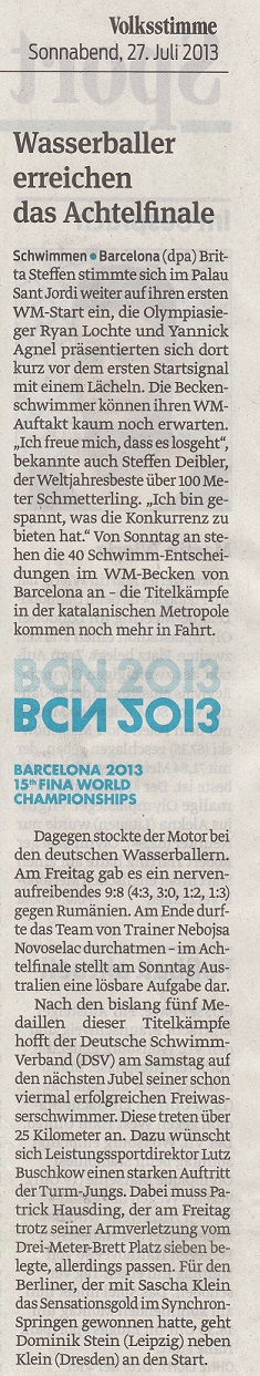 Wasserballer erreichen das Achtelfinale Volksstimme vom 27.07.2013