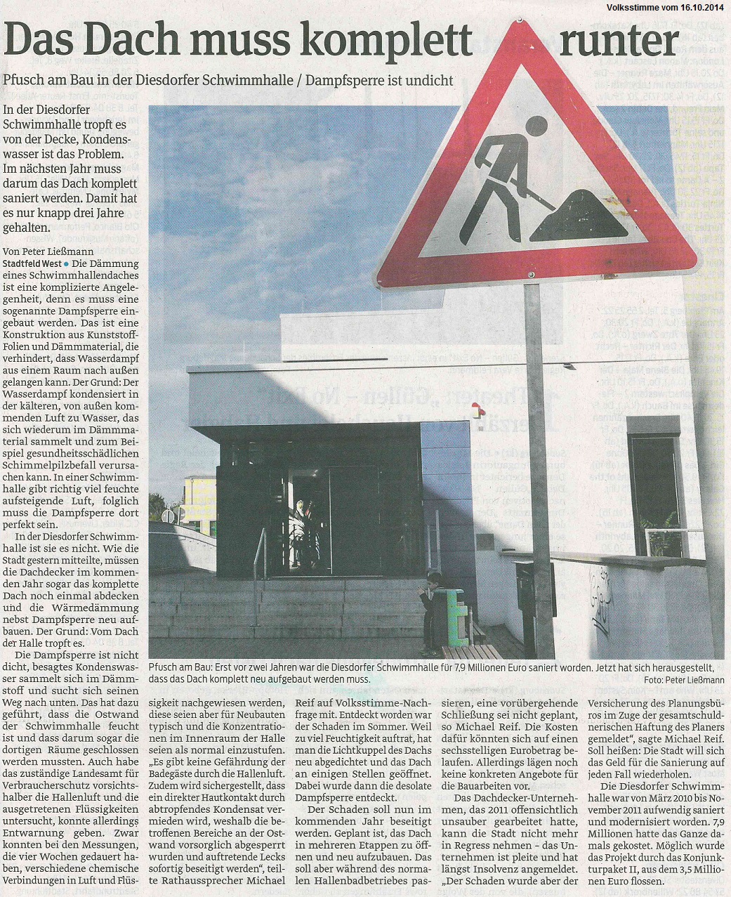 Pfusch am Bau in der Diesdorfer Schwimmhalle / Dampfsperre ist undicht - Das Dach muss komplett runter Volksstimme vom 16.10.2014