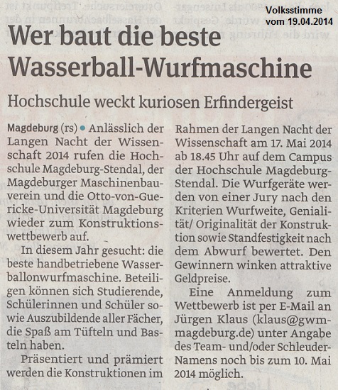 Wer baut die beste Wasserball-Wurfmaschine Volksstimme vom 19.04.2014