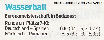 Wasserball - Europameisterschaft, M�nner in Budapest Pl�tze 7-10 Volksstimme vom 26.07.2014
