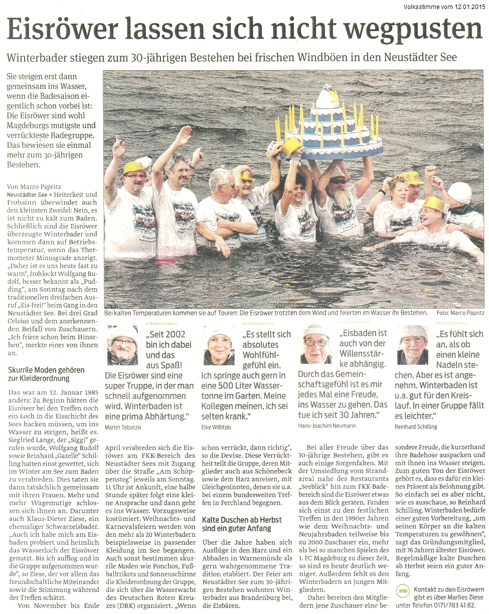 Winterbader stiegen zum 30-j�hrigen Bestehen bei frischen Windb�en in den Neust�dter See - Eisr�wer lassen sich nicht wegpusten Volksstimme vom 12.01.2015
