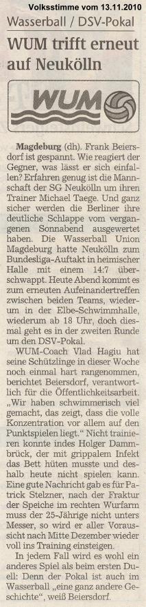 Wasserball / DSV-Pokal: WUM trifft erneut auf Neuklln