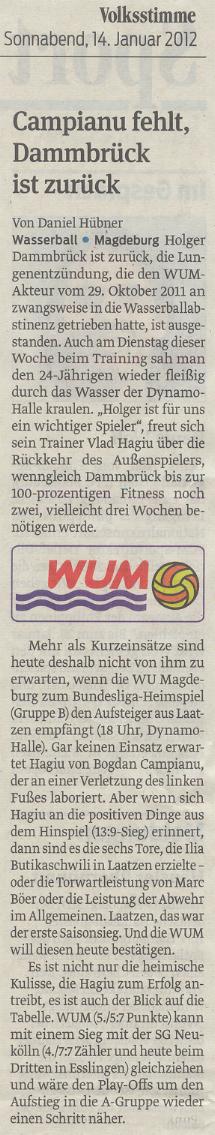 Campianu fehlt, Dammbr�ck ist zur�ck Volksstimme vom 14.01.2012
