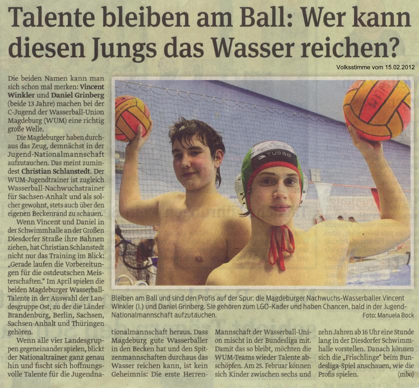 Talente bleiben am Ball: Wer kann diesen Jungs das Wasser reichen? Volksstimme vom 15.02.2012