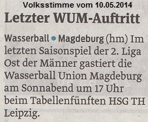 Letzter WUM-Auftritt Volksstimme vom 10.05.2014