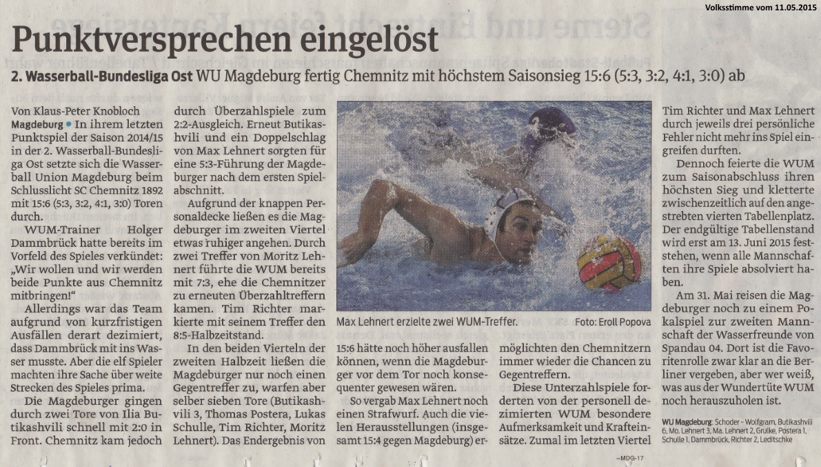 2. Wasserball-Bundesliga Ost WU Magdeburg fertig Chemnitz mit hchstem Saisonsieg 15:6 (5:3, 3:2, 4:1, 3:0) ab - Punktversprechen eingelst Volksstimme vom 11.05.2015