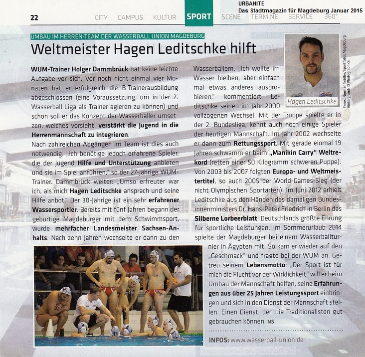 Wasserball, Umbau Herren-Team der Wasserball Union Magdeburg - Weltmeister Hagen Leditschke hilft URBANITE Das Stadtmagazin f�r Magdeburg Januar 2015