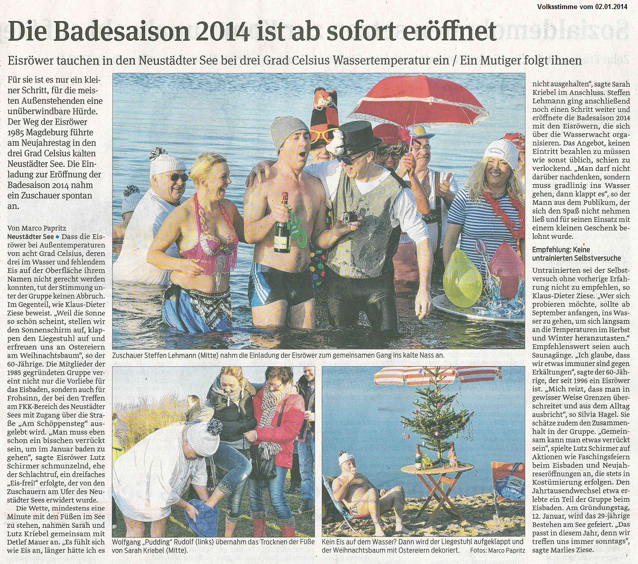 Eisr�wer tauchen in den Neust�dter See bei drei Grad Celsius Wassertemperatur ein / Ein Mutiger folgt ihnen Die Badesaison 2014 ist ab sofort er�ffnet Volksstimme vom 02.01.2014