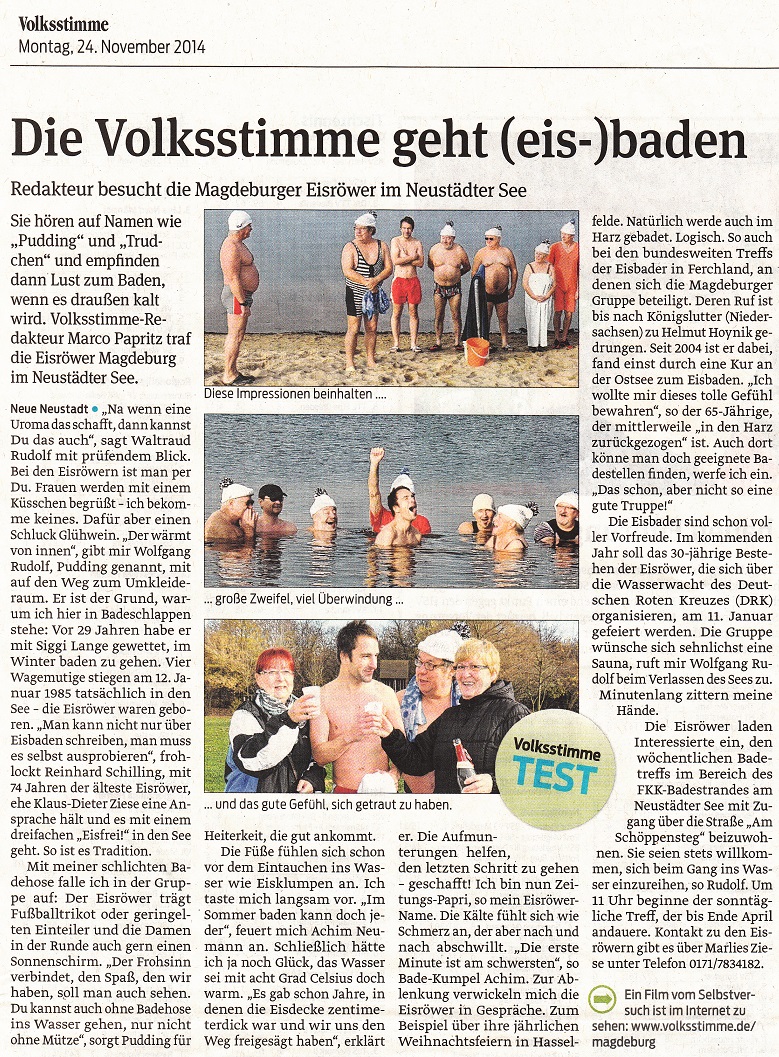 Redakteur besucht die Magdeburger Eisr�wer im Neust�dter See - Die Volksstimme geht (eis-)baden Volksstimme vom 24.11.2014