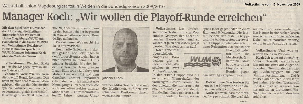 Manager Koch: Wir wollen die Playoff-Runde erreichen