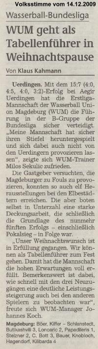 WUM geht als Tabellenf�hrer in Weihnachtspause
