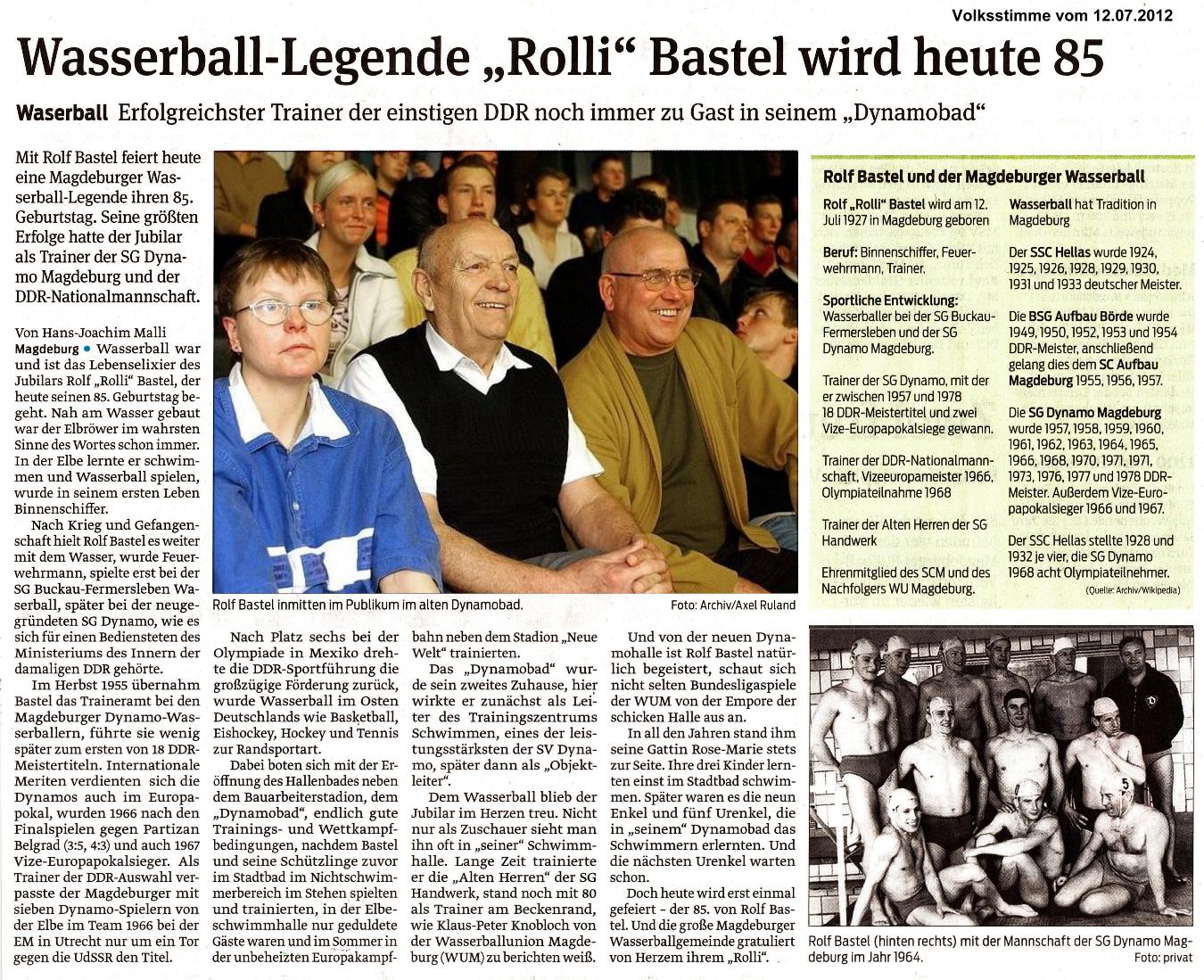 Wasserball-Legende 'Rolli' Bastel wird heute 85 Volksstimme vom 12.07.2012