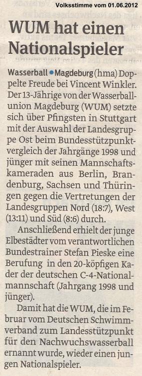 WUM hat einen Nationalspieler Volksstimme vom 01.06.2012