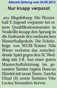Nur knapp verpasst [Jungend E] Altmark-Zeitung vom 24.05.2012