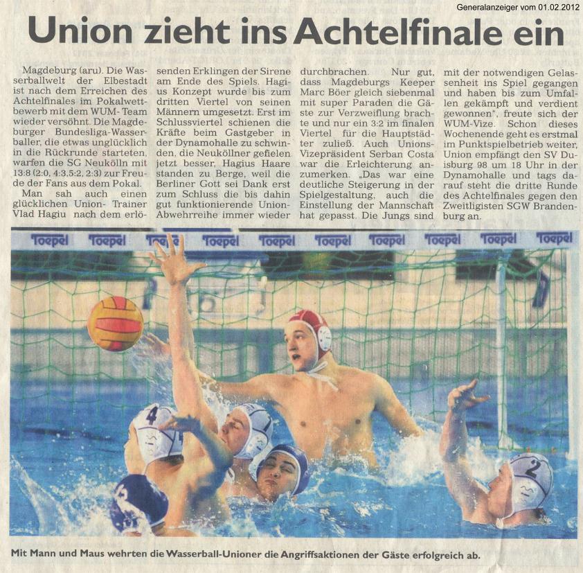Union zieht ins Achtelfinale ein Generalanzeiger vom 01.02.2012