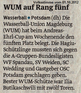 WUM auf Rang f�nf Volksstimme vom 01.10.2012