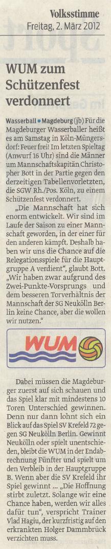 WUM zum Sch�tzenfest verdonnert Volksstimme vom 02.03.2012