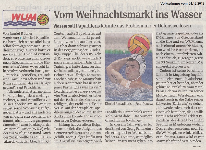 Wasserball: Papadileris k�nnte das Problem in der Defensive l�sen - Vom Weihnachtsmarkt ins Wasser Volksstimme vom 04.Dezember 2012