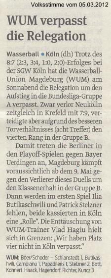 WUM verpasst die Relegation Volksstimme vom 05.03.2012
