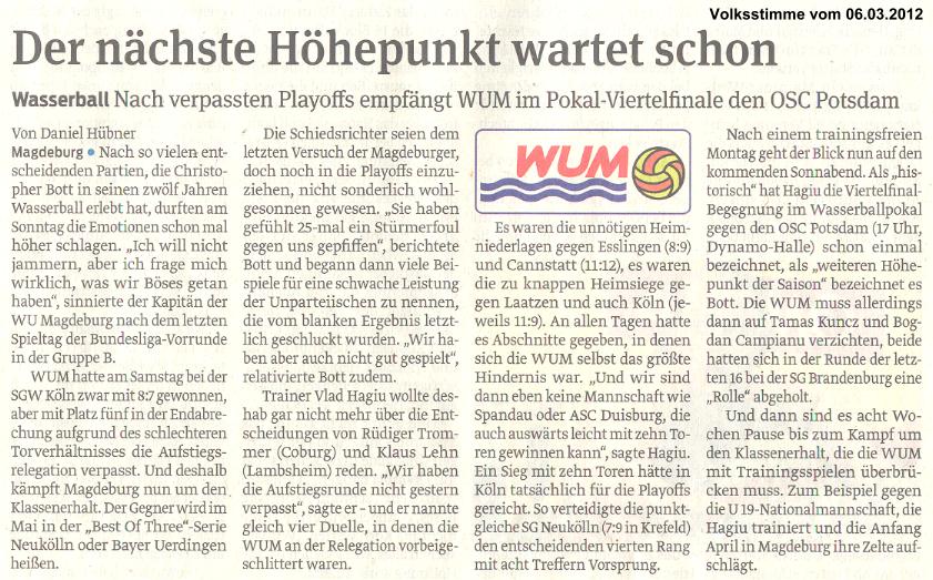 Der n�chste H�hepunkt wartet schon Volksstimme vom 06.03.2012