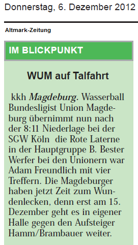 WUM auf Talfahrt Altmark-Zeitung vom 06.12.2012