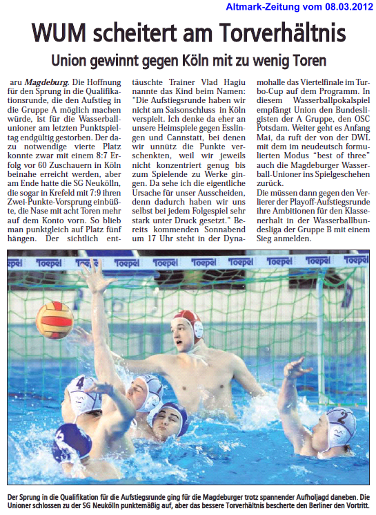 WUM scheitert am Torverh�ltnis Altmark-Zeitung vom 08.03.2012