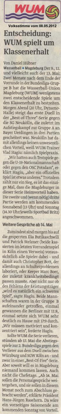 Entscheidung: WUM spielt um Klassenerhalt Volksstimme vom 08.05.2012