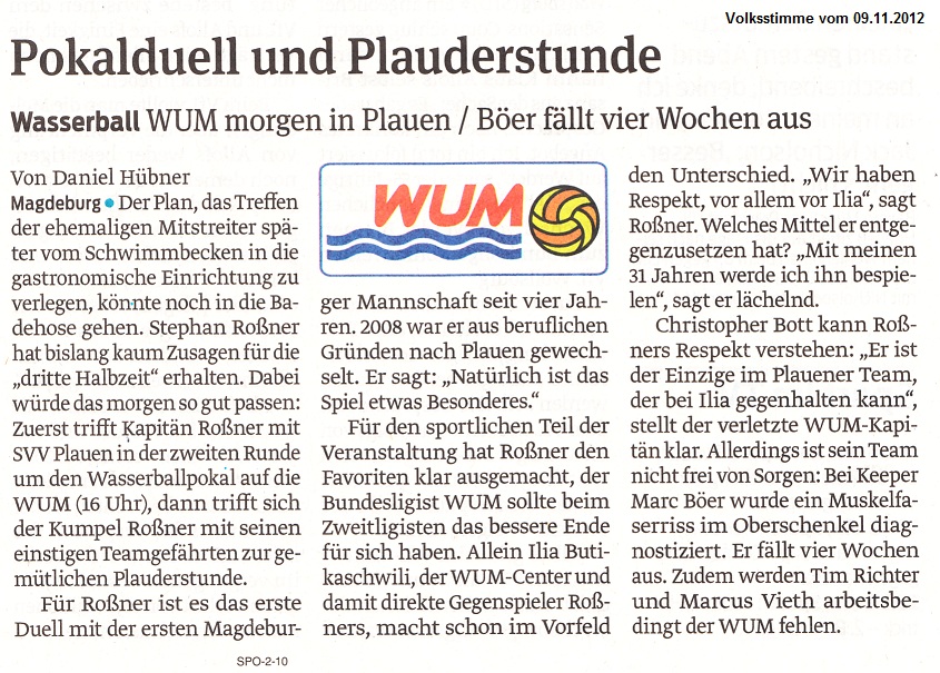 Wasserball WUM morgen in Plauen / B�er f�llt vier Wochen aus - Pokalduell und Plauderstunde Volksstimme vom 09.11.2012