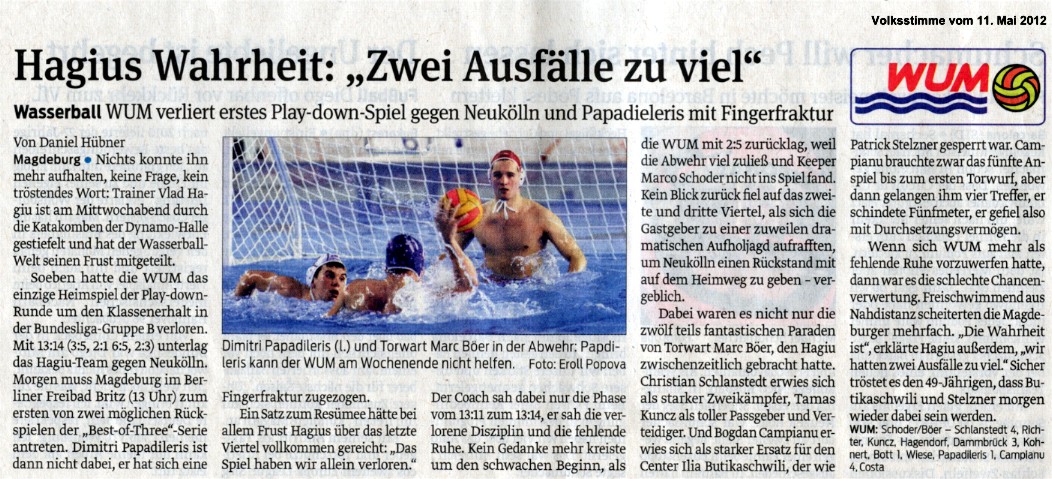 Wasserball: WUM verliert erstes Play-down-Spiel gegen Neuk�lln und Papadieleris mit Fingerfraktur - Hagius Wahrheit: 'Zwei Ausf�lle zu viel' Volksstimme vom 11.05.2012
