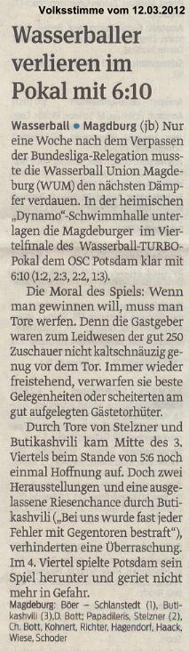 Wasserballer verlieren im Pokal mit 6:10 Volksstimme vom 12.03.2012