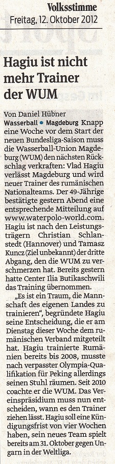 Hagiu ist nicht mehr Trainer der WUM Volksstimme vom 12.10.2012