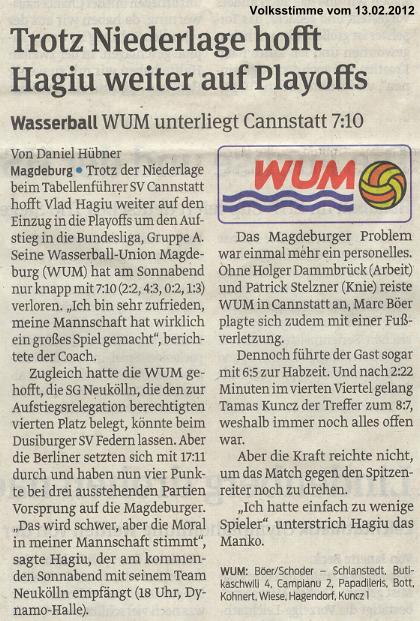 Trotz Niederlage hofft Hagiu weiter auf Playoffs Volksstimme vom 13.02.2012