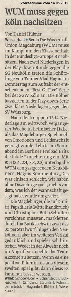 WUM muss gegen K�ln nachsitzen Volksstimme vom 14.05.2012