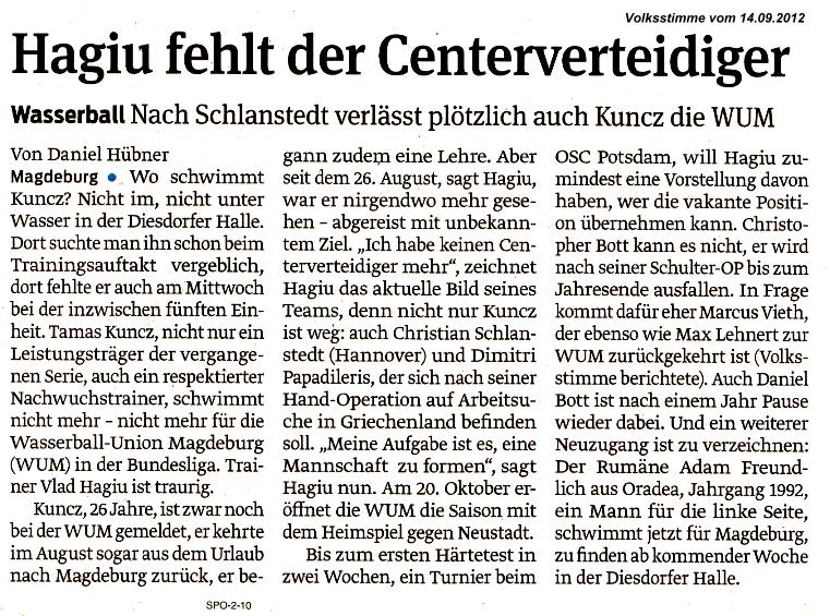 Haigu fehlt der Centerverteidiger Volksstimme vom 14.09.2012