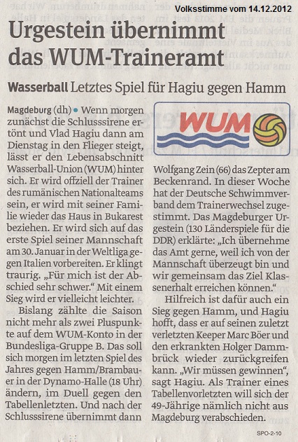 Wasserball: Letztes Spiel f�r Hagiu gegen Hamm - Urgestein �bernimmt das WUM-Traineramt Volksstimme vom 14.12.2012