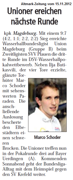 Unioner erreichen n�chste Runde Altmark-Zeitung vom 15.11.2012