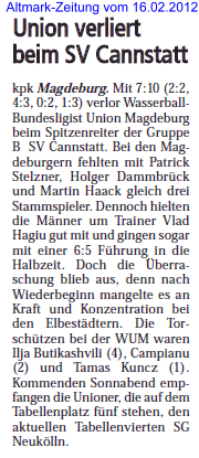 Union verliert beim SV Cannstatt Altmark-Zeitung vom 16.02.2012